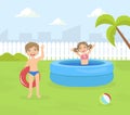 Boy and Girl Playing in Inflatable Pool in the Backyard Vector illustration Royalty Free Stock Photo