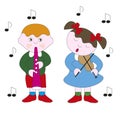 Boy and girl playing a melody on a musical instrument.