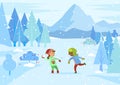 Boy and Girl Playing Snowball Fight in Winter Royalty Free Stock Photo