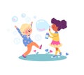 Boy and girl playing with soap bubbles flat vector illustration isolated. Royalty Free Stock Photo