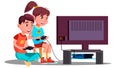 Boy And Girl Playing Video Games Together Vector. Isolated Illustration