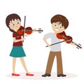 Boy and a girl are playing the violin. Music lessons. Flat character isolated on white background. Vector, illustration