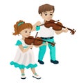 Boy and girl playing violin. Vector illustration