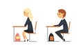 Boy and Girl Pupil or Student Sitting at Desk Having School Lesson Side View Vector Set