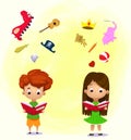 Boy and girl reading a book and objects flying out Royalty Free Stock Photo