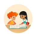 Boy and girl reading book and talking to each other at school library. School kids discussing story in round frames Royalty Free Stock Photo