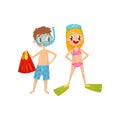 Boy and girl ready to snorkeling. Kids with diving goggles and flippers. Summer outdoor activity. Recreation at sea Royalty Free Stock Photo