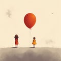 A Boy And A Girl With A Red Balloon In The Sky