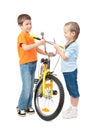 Boy and girl repair bicycle isolated Royalty Free Stock Photo