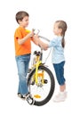 Boy and girl repair bicycle isolated Royalty Free Stock Photo