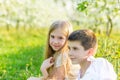 A boy and a girl are resting in a blooming garden in the spring Royalty Free Stock Photo