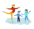 Boy and girl ride on ice, mom shows master class. Royalty Free Stock Photo