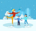 Boy and girl ride on ice, mom shows master class. Royalty Free Stock Photo