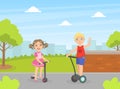 Boy and Girl Riding Kick and Self Balancing Scooters, Child Having Fun Outdoors Vector Illustration