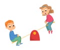 Boy and Girl Riding Seesaw, Kids Having Fun on Playground Cartoon Style Vector Illustration Royalty Free Stock Photo