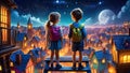 Boy and girl on the roof looking at a magical moonlit mountain village.?hildhood,children\'s imagination, fantasy