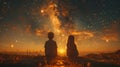 A boy and a girl are on a roof looking at the stars when a shooting star appears. They make a wish. Royalty Free Stock Photo