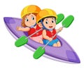 The boy and girl are rowing the canoe with the paddle