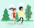 Boy and Girl Run in Park, People Jogging Together Royalty Free Stock Photo