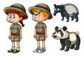 Boy and girl in safari clothes with panda and tapir