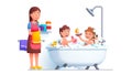 Boy and girl siblings family bathing playing games