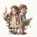 Boy and Girl Siblings - Tender Watercolor Illustration