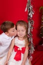 boy and girl - sister and brother - sitting on a swing decorated with christmas decor and tree branches. on red Royalty Free Stock Photo