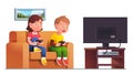 Boy, girl sit on sofa playing console video game