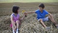 Boy with a girl sitting on the hay, the boy gives a flower girl Royalty Free Stock Photo