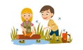 A boy and a girl are sitting near the pond and are watching the frogs. Tourism. Royalty Free Stock Photo