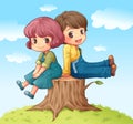 A boy and a girl sitting on a tree stump