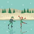 Boy and girl skating on ice surface vector Royalty Free Stock Photo