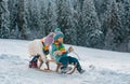 Boy and girl sledding in a snowy forest. Outdoor winter kids fun for Christmas and New Year. Children enjoying a sleigh Royalty Free Stock Photo