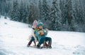 Boy and girl sledding in a snowy forest. Outdoor winter kids fun for Christmas and New Year. Children enjoying a sleigh Royalty Free Stock Photo