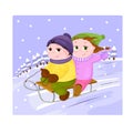 Boy and girl are sledding on winter background.