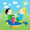 Boy and girl splashing in basin