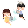 boy and girl splashing water with water bowl