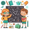 A boy and girl stand in front of a blackboard with math problems, surrounded by school supplies Royalty Free Stock Photo