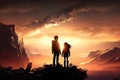 Boy and girl stand on rocky cliff and look at valley in sunset. Silhouettes of children against beautiful landscape Royalty Free Stock Photo