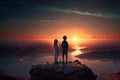 Boy and girl stand on rocky cliff and look at valley in sunset. Silhouettes of children against beautiful landscape Royalty Free Stock Photo