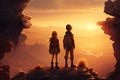 Boy and girl stand on rocky cliff and look at valley in sunset. Silhouettes of children against beautiful landscape Royalty Free Stock Photo