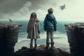 Boy and girl stand on rocky cliff and look at waving sea. Children against beautiful landscape. Romantic feelings and Royalty Free Stock Photo