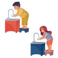 Boy and girl stand on a stool and wash their hands under running water, isolated object on a white background, vector