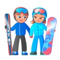 A boy and a girl are standing in ski equipment