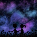 Boy and girl are standing together and holding their hands at the night under the starfall. The time when all dreams and