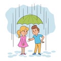 Boy and girl standing under umbrella during rain Royalty Free Stock Photo