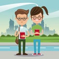 Boy and girl student nerd urban background Royalty Free Stock Photo