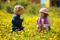 Boy and girl in summer flowers field Royalty Free Stock Photo