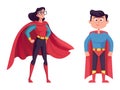 Boy and girl superhero in cloak vector illustration. Super heroes isolated on white background. Female heroine and male Royalty Free Stock Photo