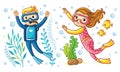 A boy and a girl swim under the water in a scuba diving with fish.